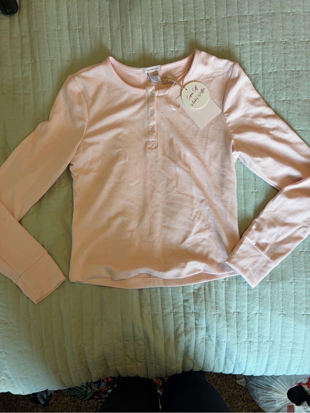 Girls' Long-Sleeve Waffle Henley Top - Light Pink